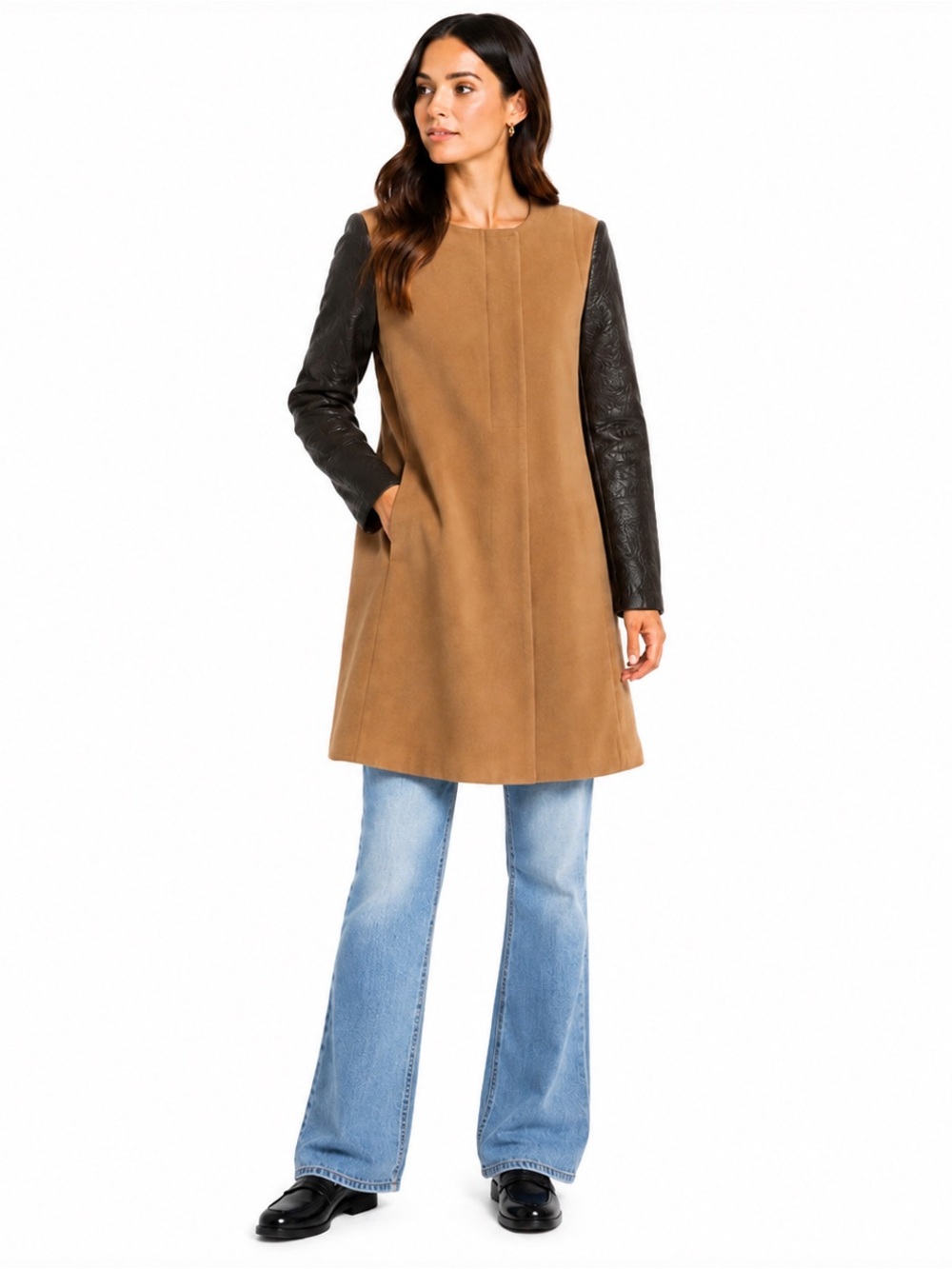 BCBGMAXAZRIA Genova Contrast Sleeve A-Line Coat Dark Camel Size Medium